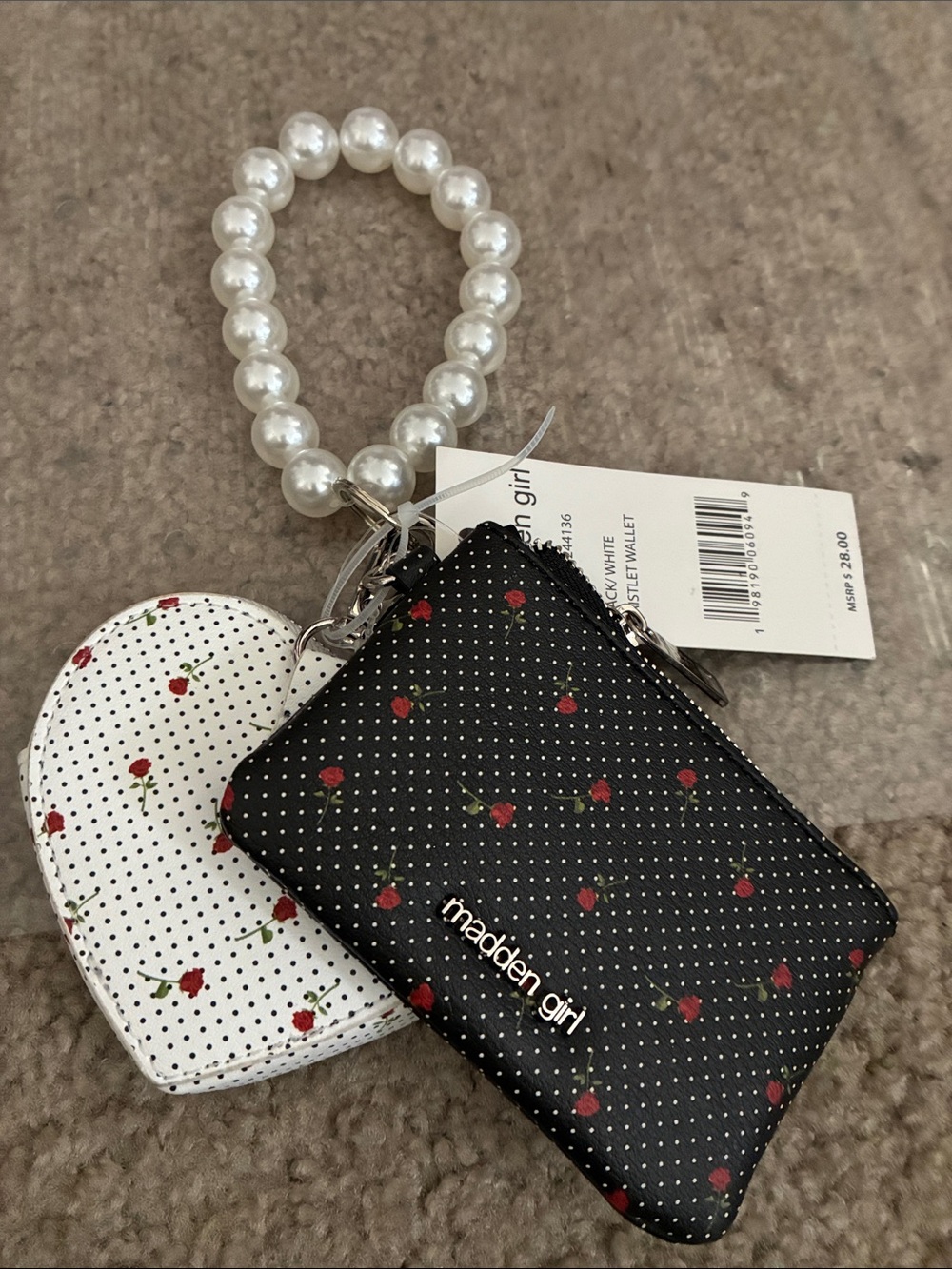 Madden Girl Black Polka Dot Rose Wristlet Keychain with Pearl Bracelet